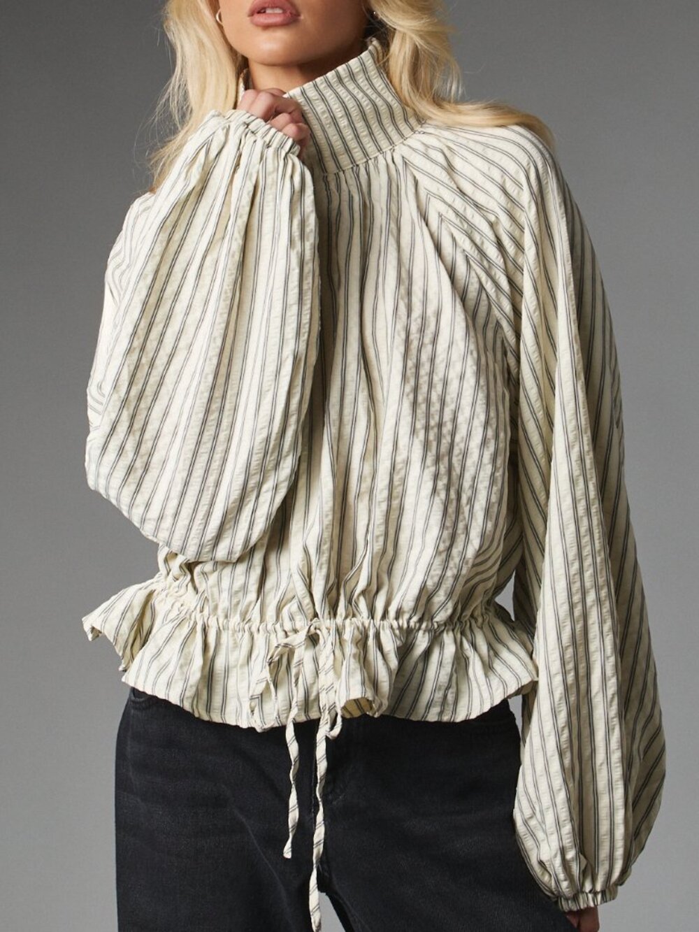 Green Casual Women's Oversized Striped Blouse Top With Stand Collar
